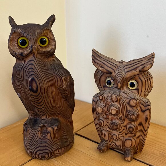 Carved Wooden Owl Figures Hand made Japan & Canada Set of 2 Bird Kadian Crafts - Picture 1 of 8